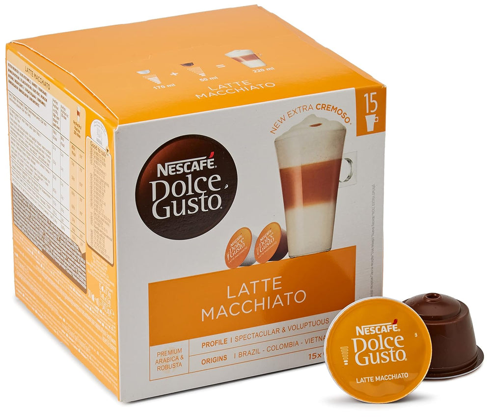 NESCAFÉ Dolce Gusto Latte Macchiato Vorratsbox 90 Kaffeekapseln (Aromatischer Espresso & Latte Macchiato Caramel