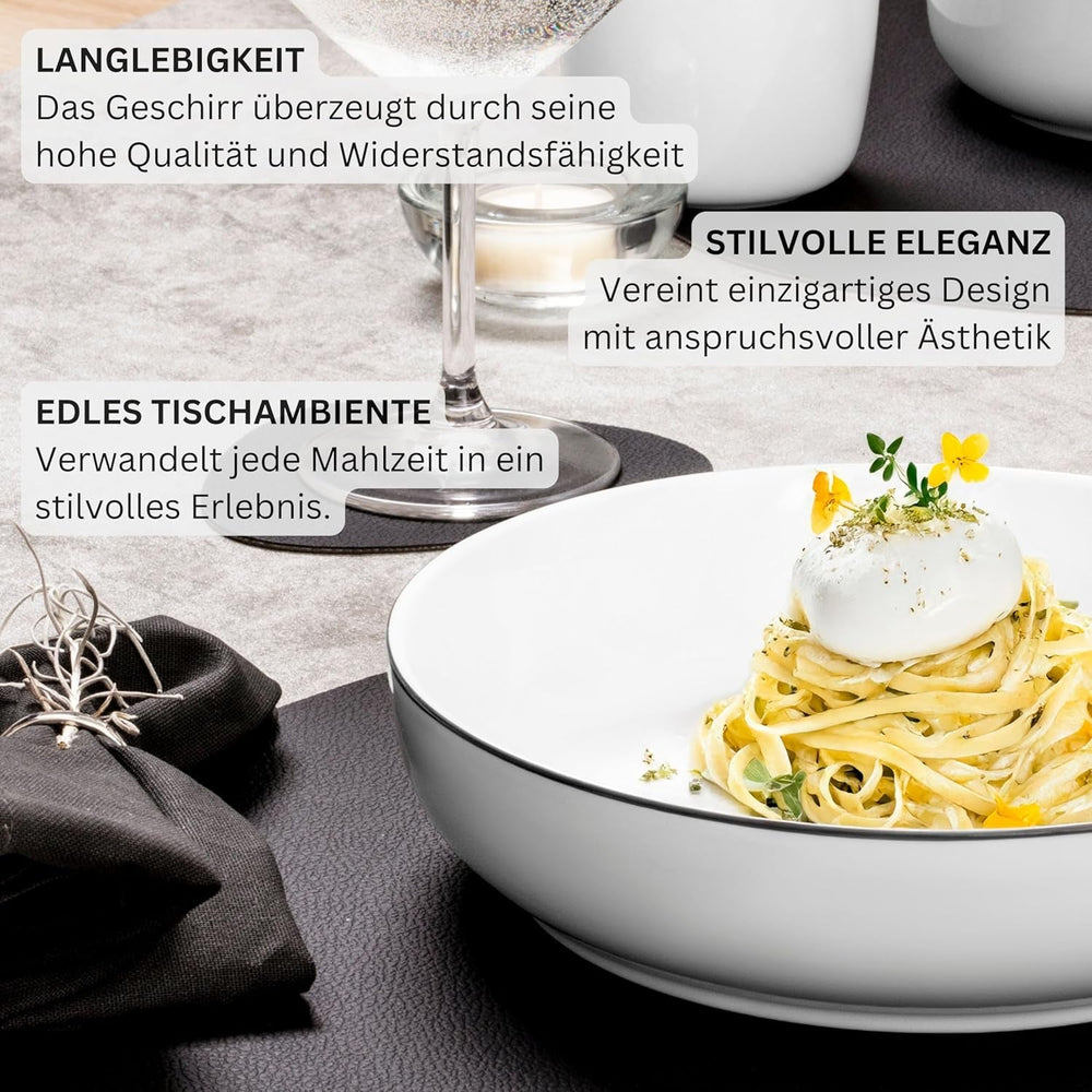 SÄNGER | Set de veselă Marlo cu margine neagră și albă, Set de veselă din porțelan cu 18 piese pentru 6 persoane, Alb cu accente negre, Farfurii de cină, Farfurii și boluri pentru desert, Design modern | COLECȚIA PREMIUM