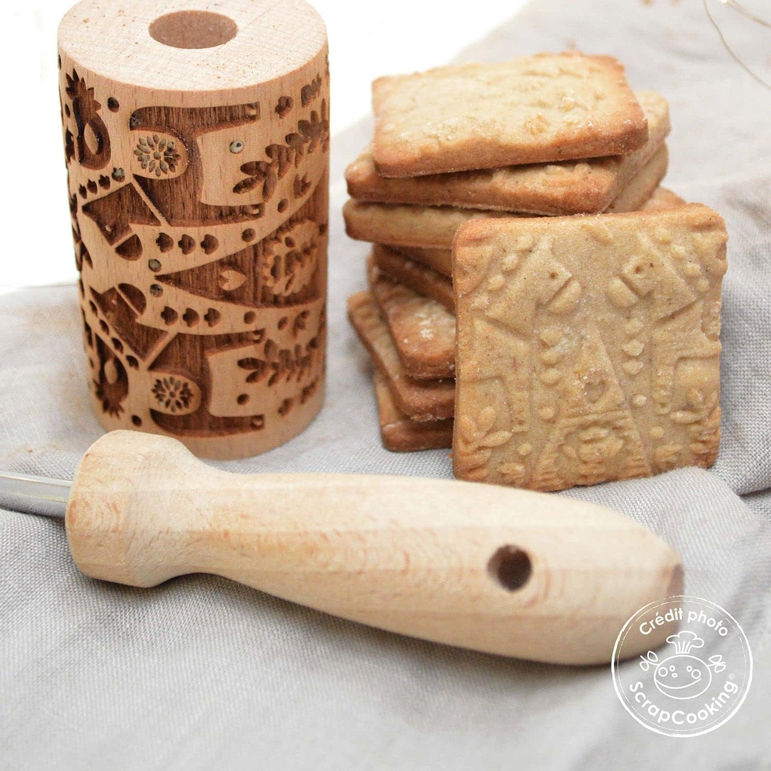 VAŘENÍ ŠROTU - Mini-Holzrolle "Christmas Déco" – Deko mit eingravierten Abdrücken in Relief – Backform für Dekoration von Keksen, Sandgestrahlt, Keksen – 5306