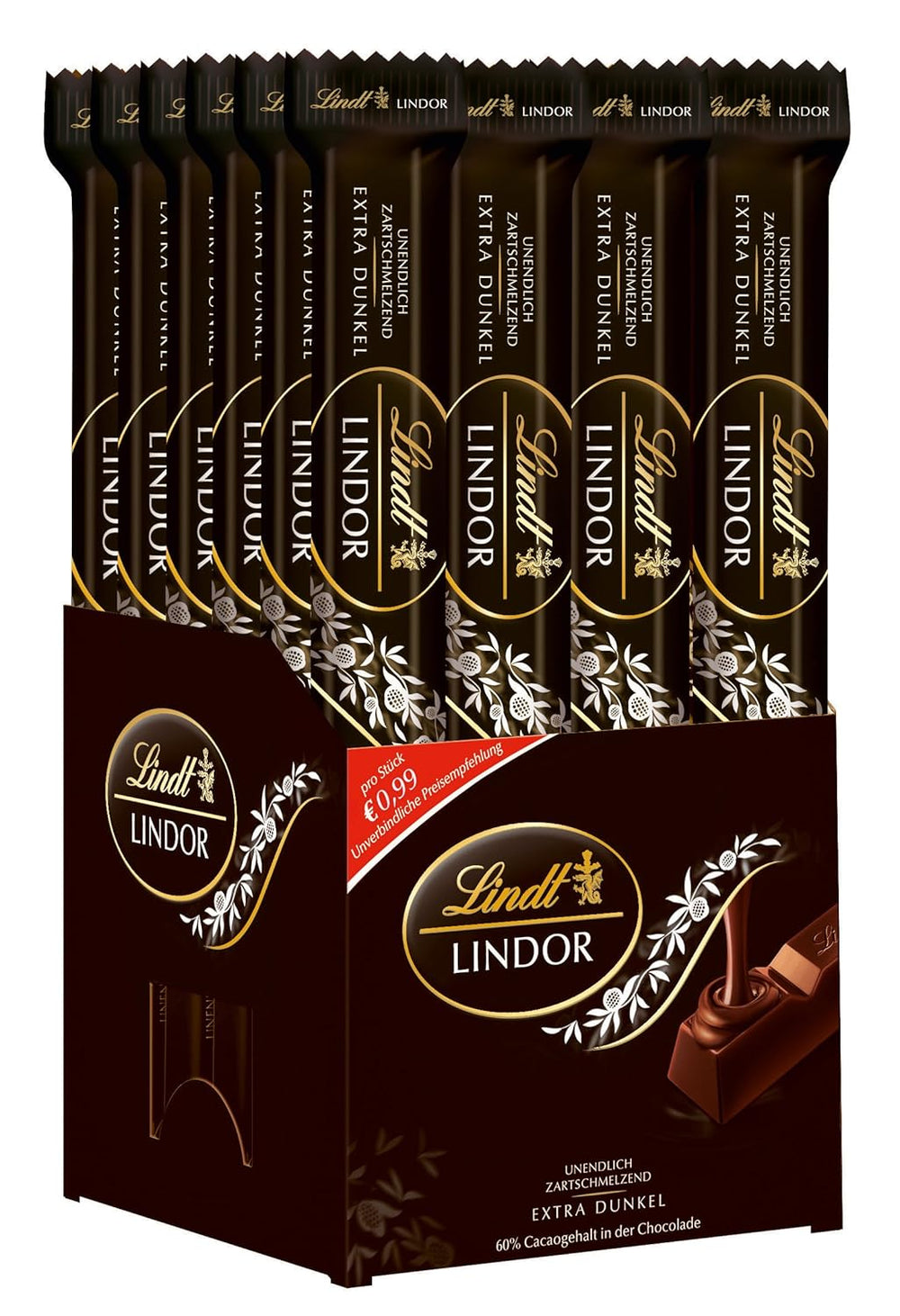 Lindt čokoládové tyčinky z tmavé čokolády LINDOR | 24 čokoládových tyčinek x 37 g | S hladkou, v ústech se rozpouštějící hořkou čokoládovou náplní s 60% kakaa | Čokoládový dárek | Čokoládový dárek | Hromadné balení