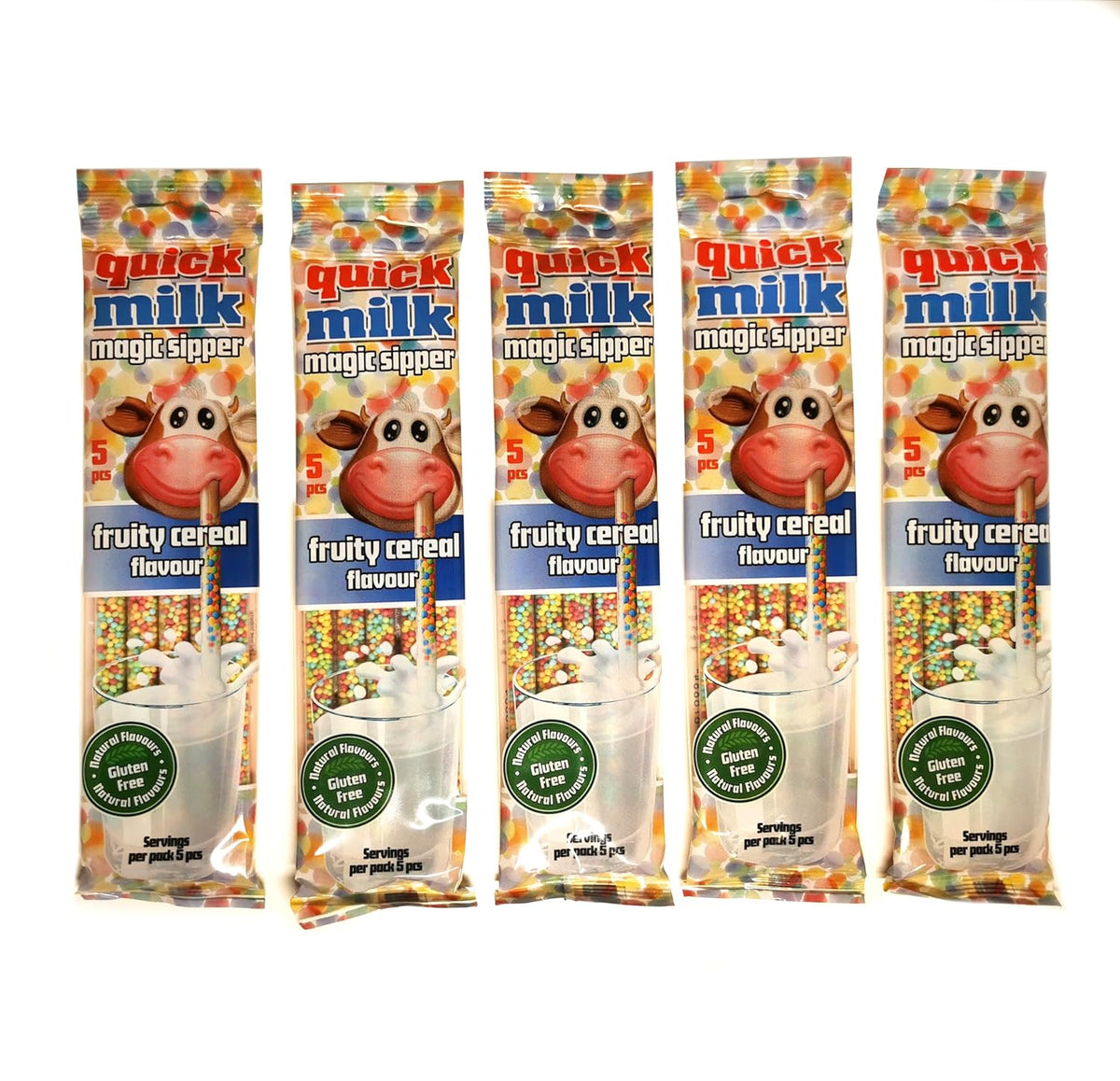 QUICK MILK Ovocná cereálie - Strohhalme für Milch mit Getreide und Früchten, 5 Packung je 5 Trinkhalme (25 Halme)