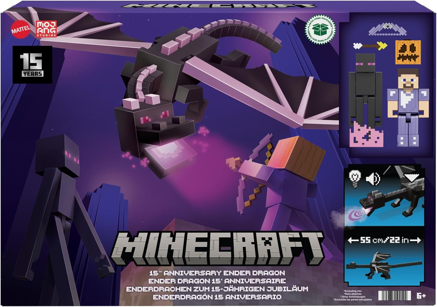 Mattel Minecraft Ender Dragon Action Figure Set, lumini, zgomot și ceață cu Steve și Enderman, True To Scale la aproximativ 8 cm înălțime Figuri HTN25 Action figures Naty Shop