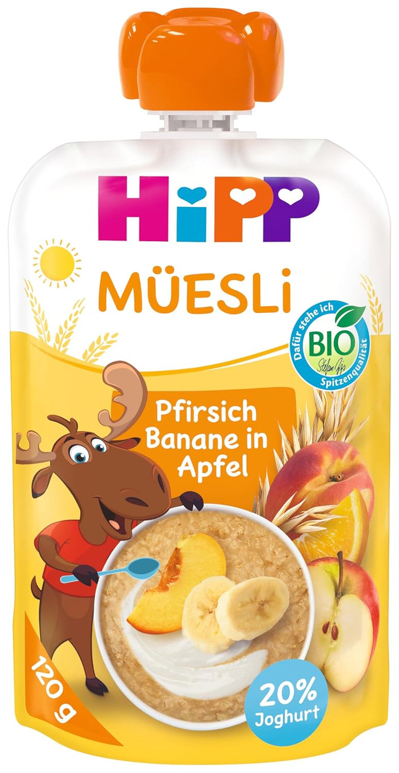 HiPP Müesli Pfirsich Banane in Apfel mit Joghurt, Quetschie ab 1 Jahr, (6 x 120 g)