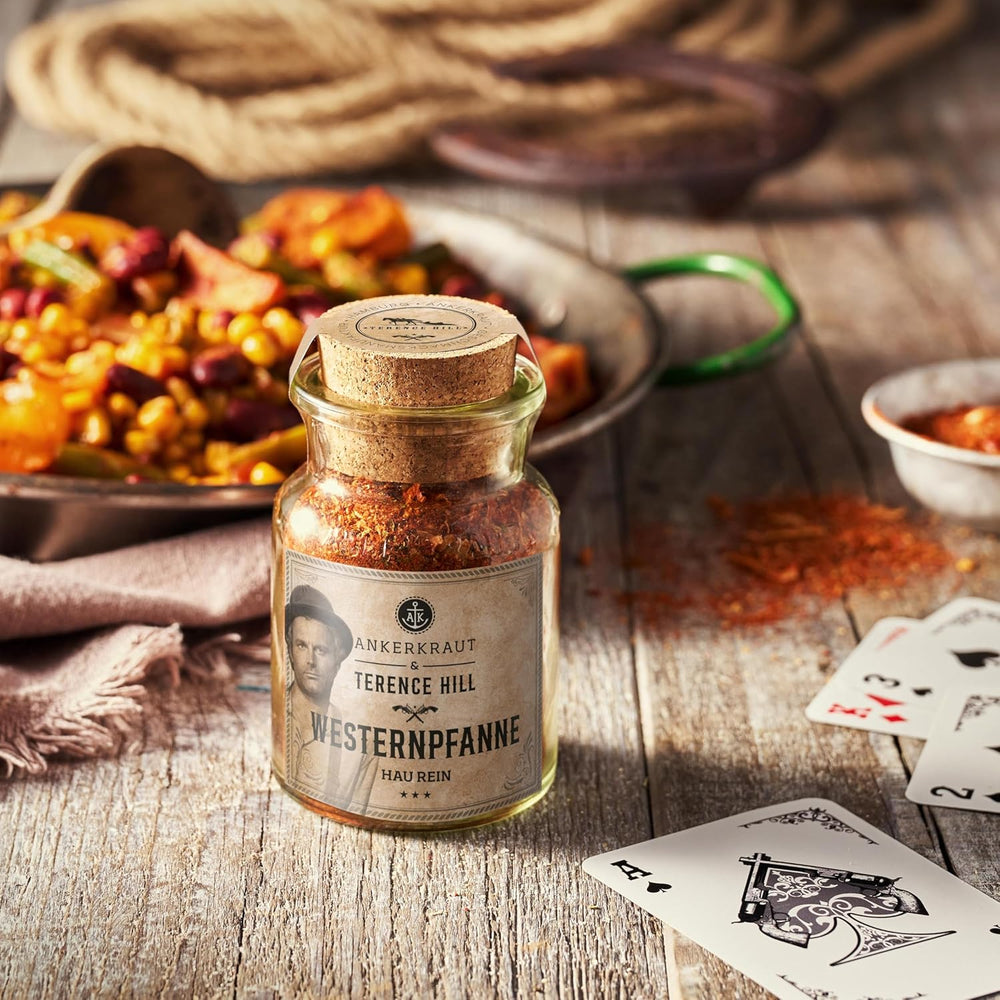 Ankerkraut Bud Spencer & Terence Hill Bagaluten Gewürz-Box, mit western pfanne and Pasta alla Napoli, Geschenk-Set, lecker kochen, 195 g Gewürze Inhalt