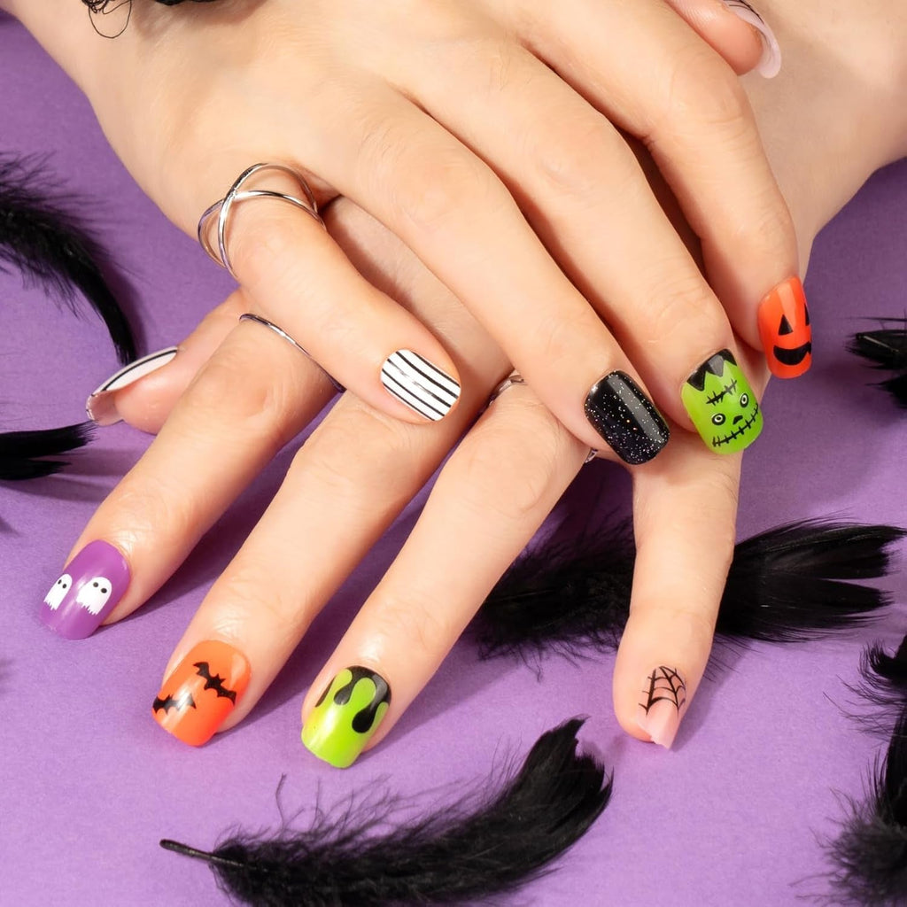 72 buc unghii de Halloween unghii false autoadezive unghii artificiale scurte unghii autoadezive presate dovleac fantomă unghii artificiale vârfuri unghii artă portocaliu verde negru