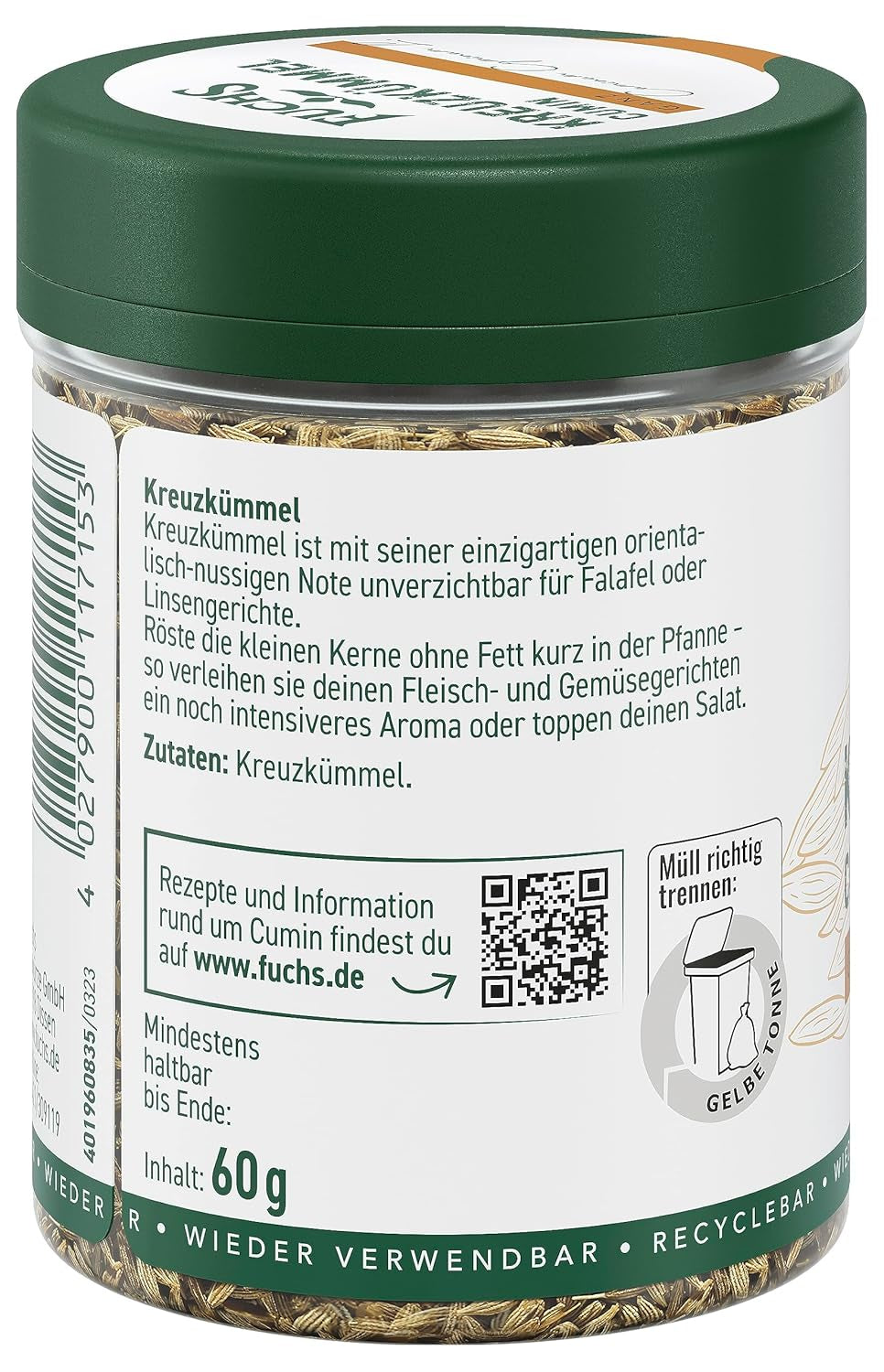 Fuchs Gewürze - Kreuzkümmel ganz - orientalisch-nussige Note für Falafel und Linsengerichte - přírodní ingredience - 60 g v wiederverwendbarer, recyclebarer Dose