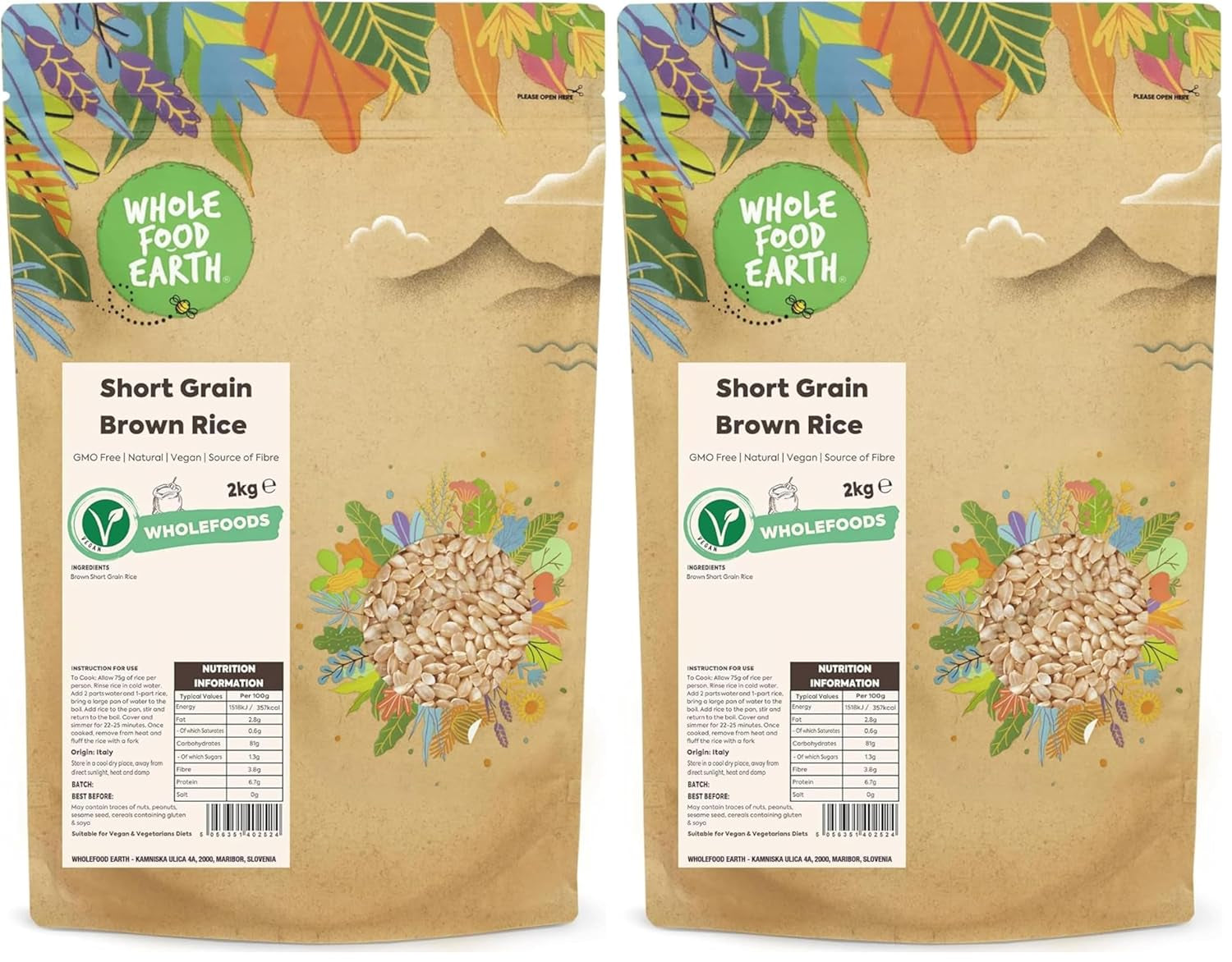 Wholefood Earth krátkozrnná hnědá rýže - bez GMO - přírodní - veganská - bez mléčných výrobků - bez přidaného cukru, 2 kg