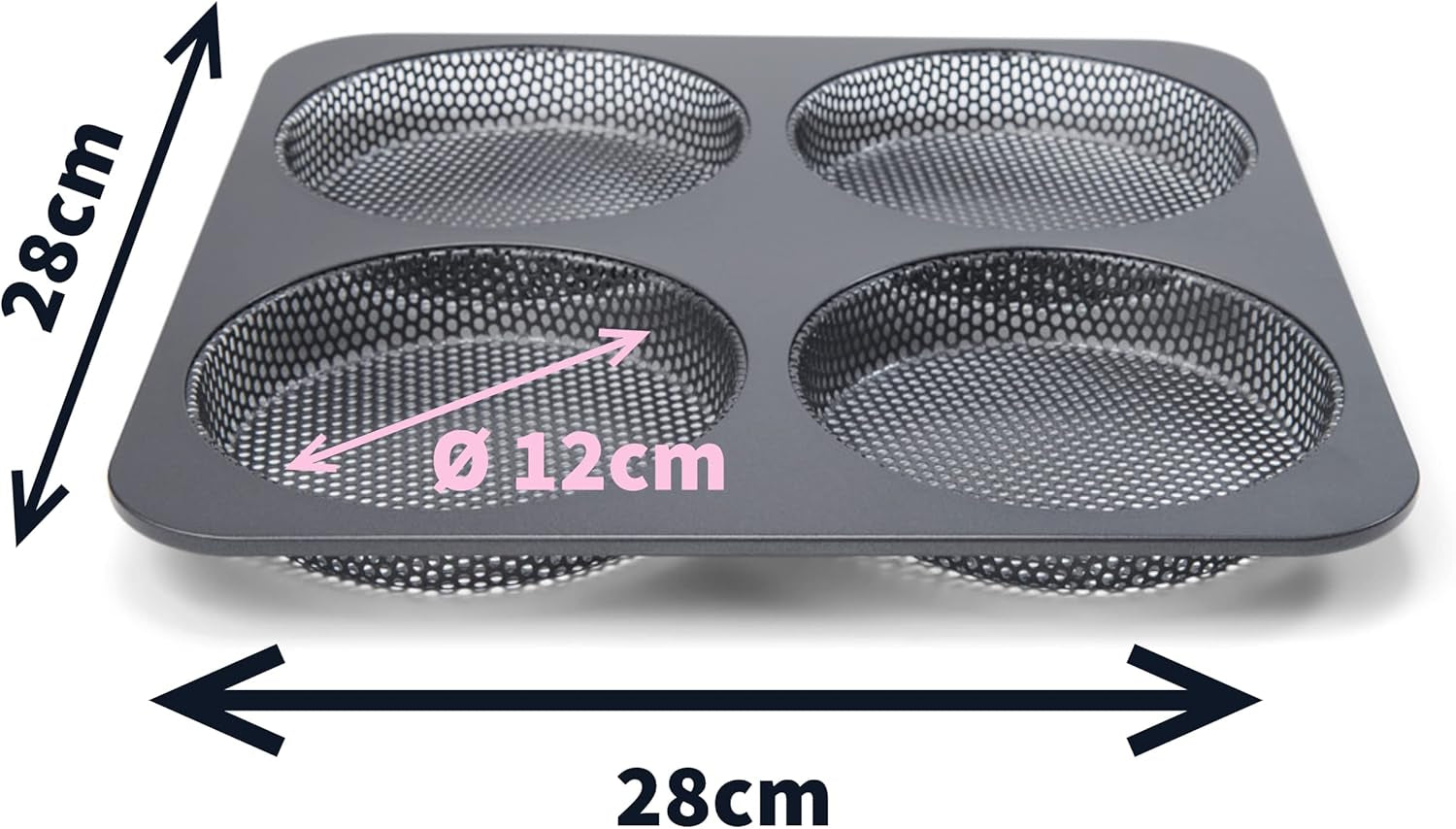 Hamburgerbrötchen, Perforiert, Antihaftbeschichte, 4 Runde Mulden Mit Je 12 Cm, Pfannengröße 28 X 28 Cm, 2,5 Cm Tief, Mittelgroß, Schwarz Formy a plechy na pečení Naty Shop
