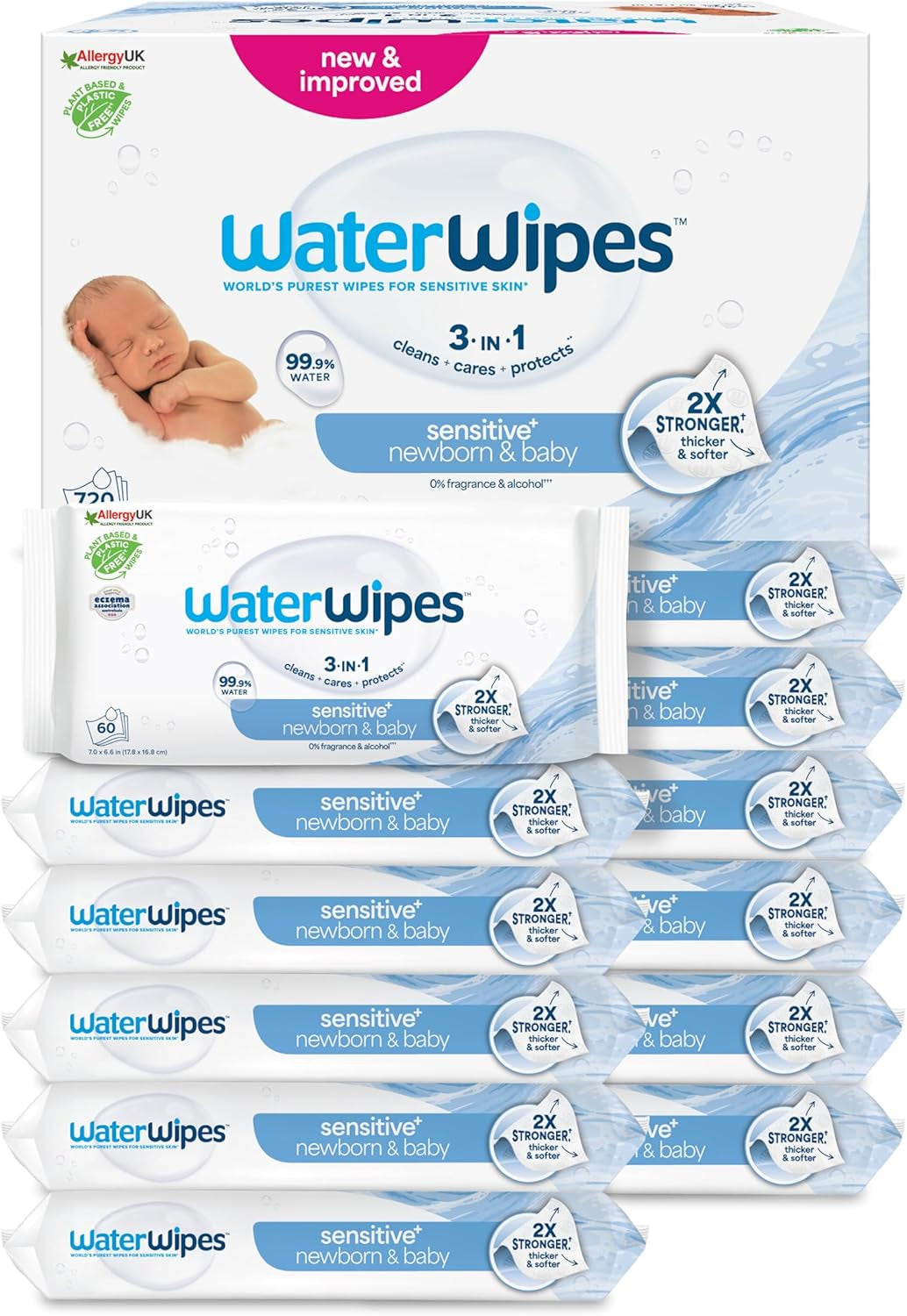 WaterWipes Sensitive+ vlhčené ubrousky pro novorozence a kojence, 360 kusů (6 balení), 3 v 1 čištění, péče, ochrana, 99,9 % vody, bez parfemace