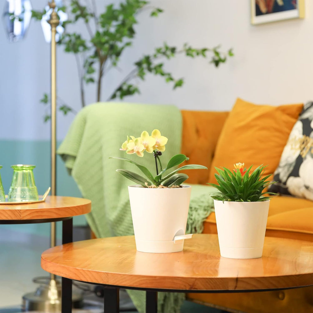 T4U 14cm plastové květináče se zavlažovacím systémem, sada 6 samozavlažovacích květináčů a podšálků, kulaté květináče pro pokojové rostliny na balkónové zahradě, sukulenty, kaktusy, bílá