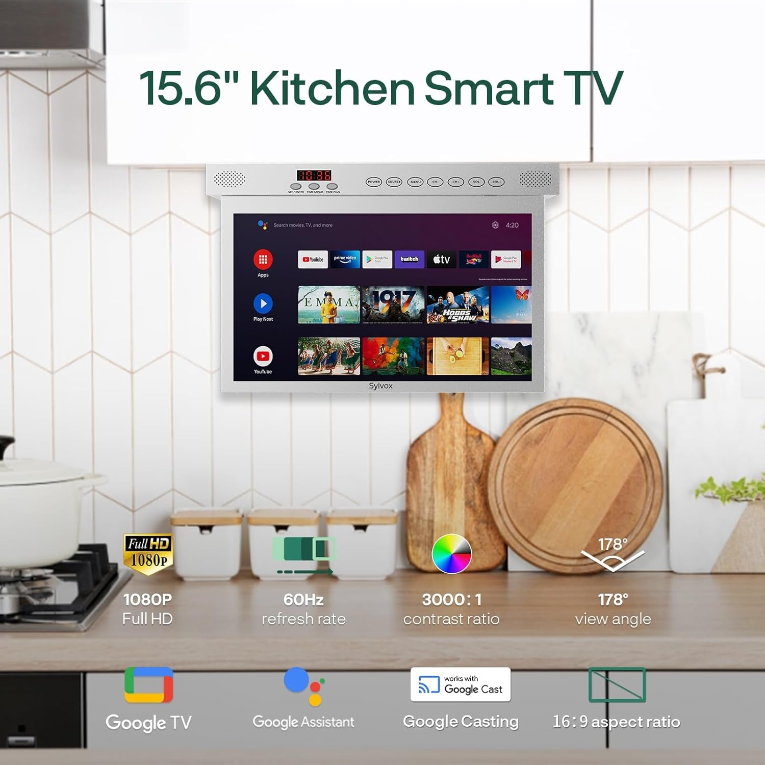 SYLVOX Televizor de bucătărie de 15,6 inci, televizor pliabil pentru bucătărie cu pivotare, suport Google TV WiFi Bluetooth, Smart TV 1080P pentru bucătărie, dormitor, autorulotă, iaht (argintiu)