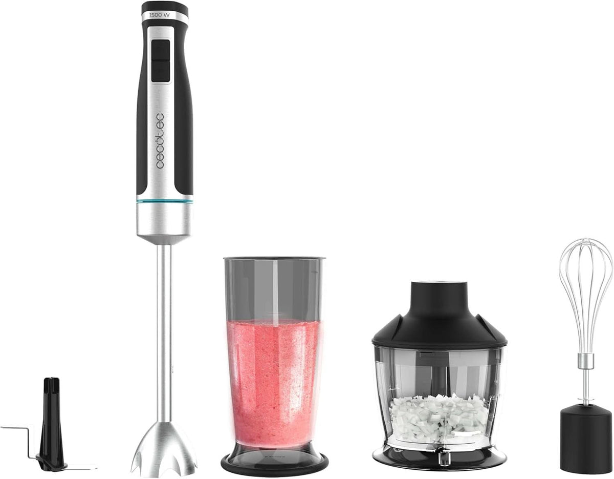 Cecotec ruční mixér Powergear 1500 - Klingen Aus Titanium Beschichtung, 21 Geschwindigkeitsstufen, 1500 W, Inklusiv Glas Mit Deckel. (Schwarz Und Edelstahl, XL) Kuchyň Naty Shop 4 Zubehörteile