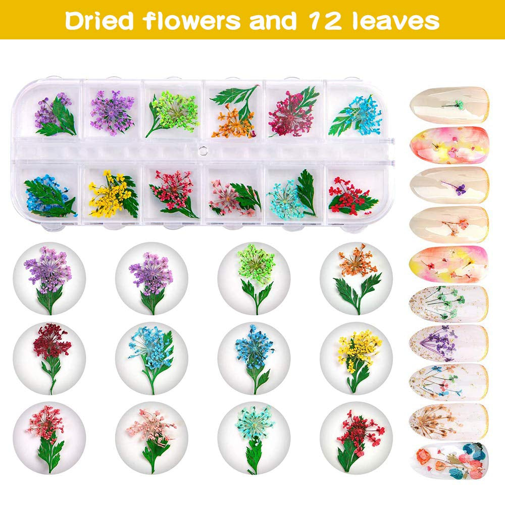 Getrocknete Blüten Nail Sticker, 2 Box 36 Stücke 3D Nail Art Kunstharz Blumen Sticker, Blüten Getrocknet Nagelkunst Trocken Blumen Nagel Zubehör Für Nagel Dekor DIY Design Mit 1 Gebogener Pinzette