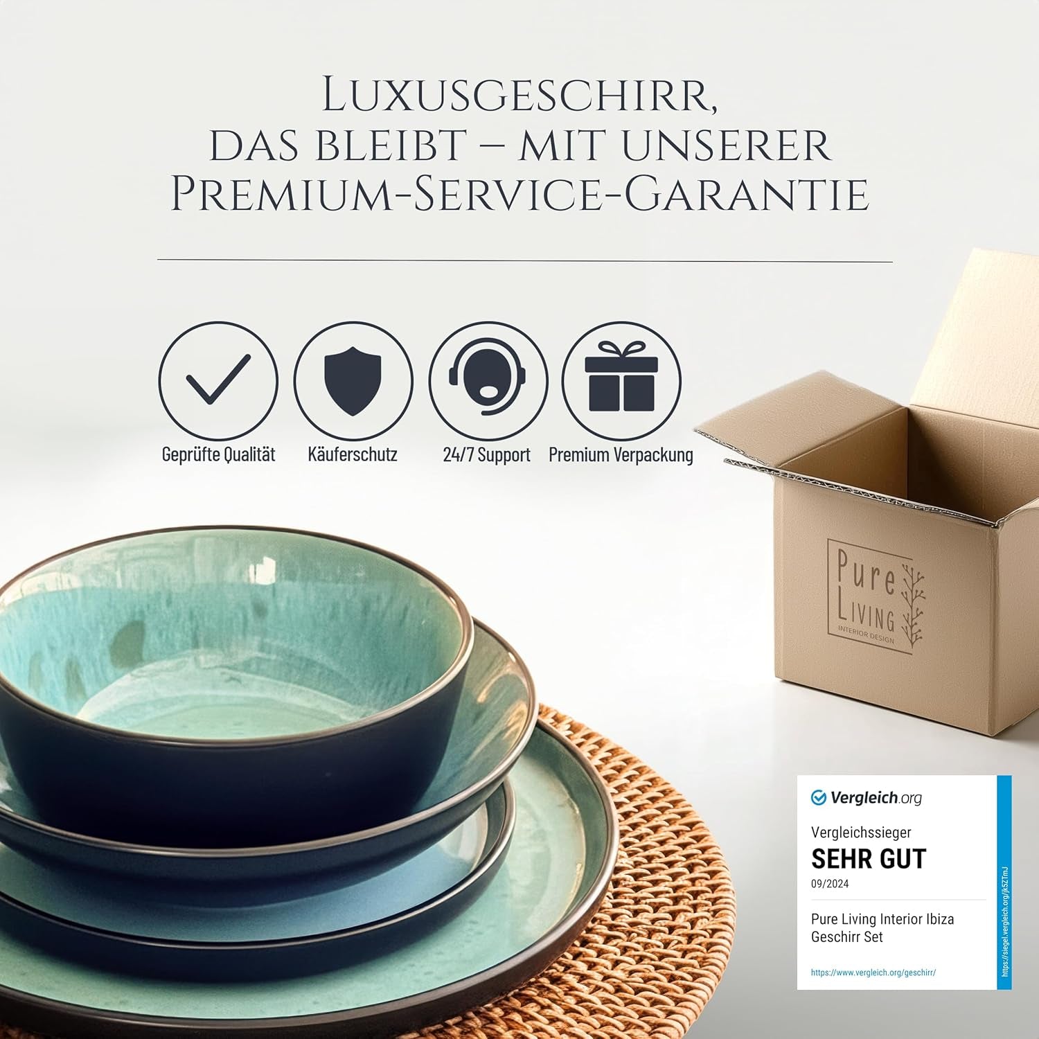 Set de veselă din gresie ceramică, format din 24 de piese, pentru 6 persoane, design Ibiza, CÂȘTIGĂTOR AL TESTULUI. Un set de veselă mediteraneană superb, inclusiv boluri și farfurii. Set de veselă Pure Living, verde salvie.