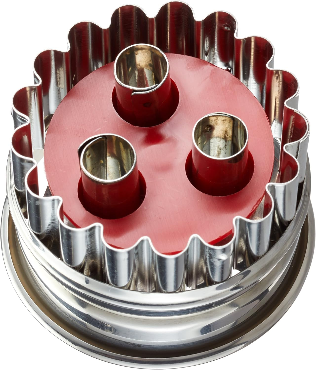 Städter 966056 Formă de biscuiți Linzer cu ejector, 3 găuri, oțel inoxidabil, argintiu/roșu, 4,8 x 4,8 x 4,8 cm
