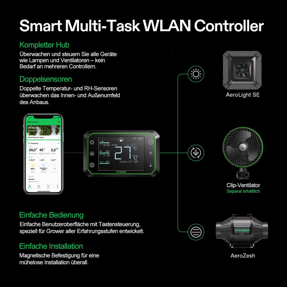 Systém VIVOSUN Smart Grow se 100W LED lampou AeroLight A100SE s integrovaným cirkulačním ventilátorem, potrubním ventilátorem AeroZesh T4 100 mm 357 m³/h a ovladačem GrowHub E42A pro pěstování stanů a pěstování v interiéru