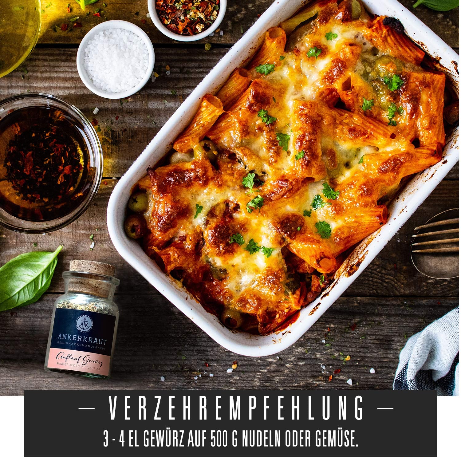 Ankerkraut Auflauf, für Gemüse-, Kartoffel- und Nudelauflauf, Gewürzsalz mit Pfeffer, Parsilie, Knoblauch, Karotte, 90 g v Korkenglas