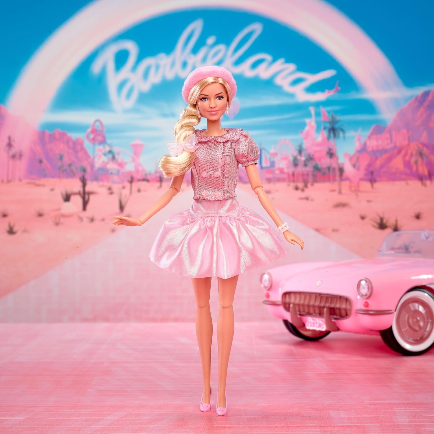 Barbie-Puppe zum Spielfilm, Margot Robbie als Barbie, Sammelfigur in rosafarbener Bluse und Tüllrock, mit gestylter Frisur und passendem Schmuck, JBJ53