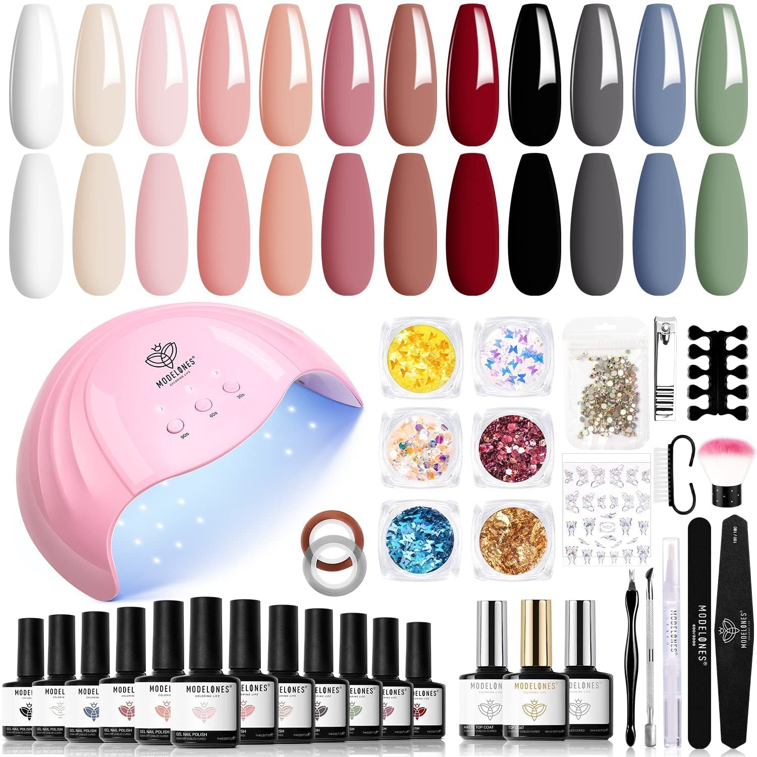 Modelones Set de 35 de bucăți pentru unghii cu gel, Set de ojă UV cu lampă 48W, Set de ojă gel maro nud alb roz, Set de ojă gel UV cu bază top coat Set studio unghii
