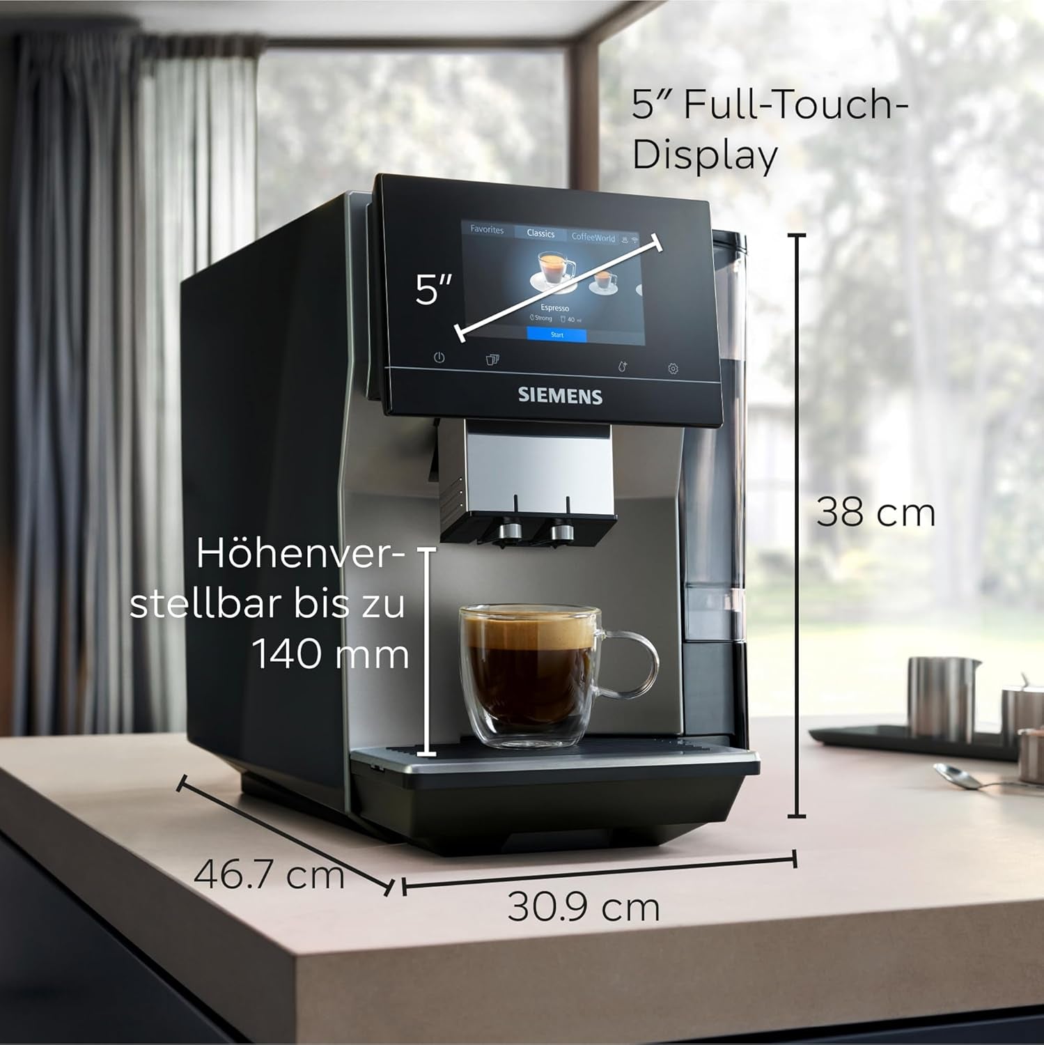 Espressor automat Siemens EQ700 classic TP715D01, control prin aplicație, preparare la rece, afișaj tactil intuitiv, până la 10 creații individuale de cafea ca favorite, curățare automată cu abur, 1500 W, gri-argintiu