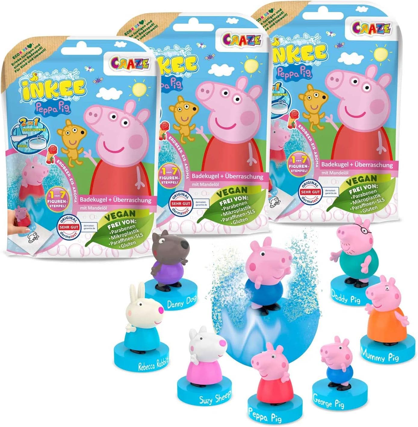 INKEE SURPRISE - Koupelové bomby Peppa Pig pro děti s hračkou Peppa Pig překvapení do koupele - přísada do koupele pro děti Mother and Child Naty Shop 3X Peppa Pig bomby do koupele s překvapením