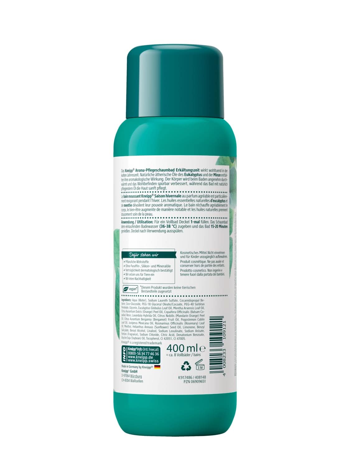 Kneipp Aroma Foam Bath Cold Season, koupelová přísada s přírodními esenciálními oleji z eukalyptu a máty, 400 ml Sprcha a koupel Naty Shop