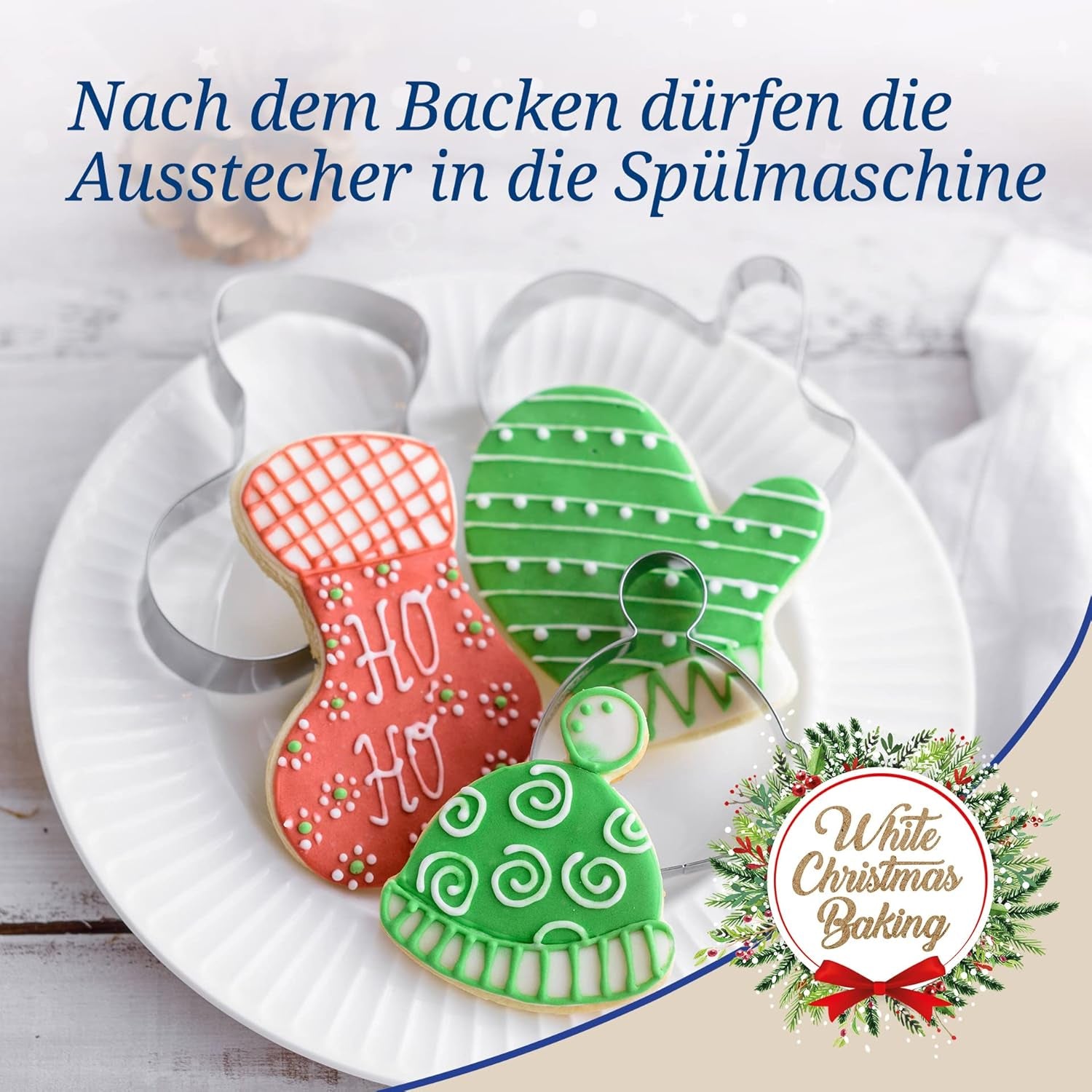 Forme de biscuiți de Crăciun Dr. Oetker, Set de 3 – Forme de biscuiți albe pentru copt de Crăciun – Forme de biscuiți din oțel inoxidabil pentru Crăciun