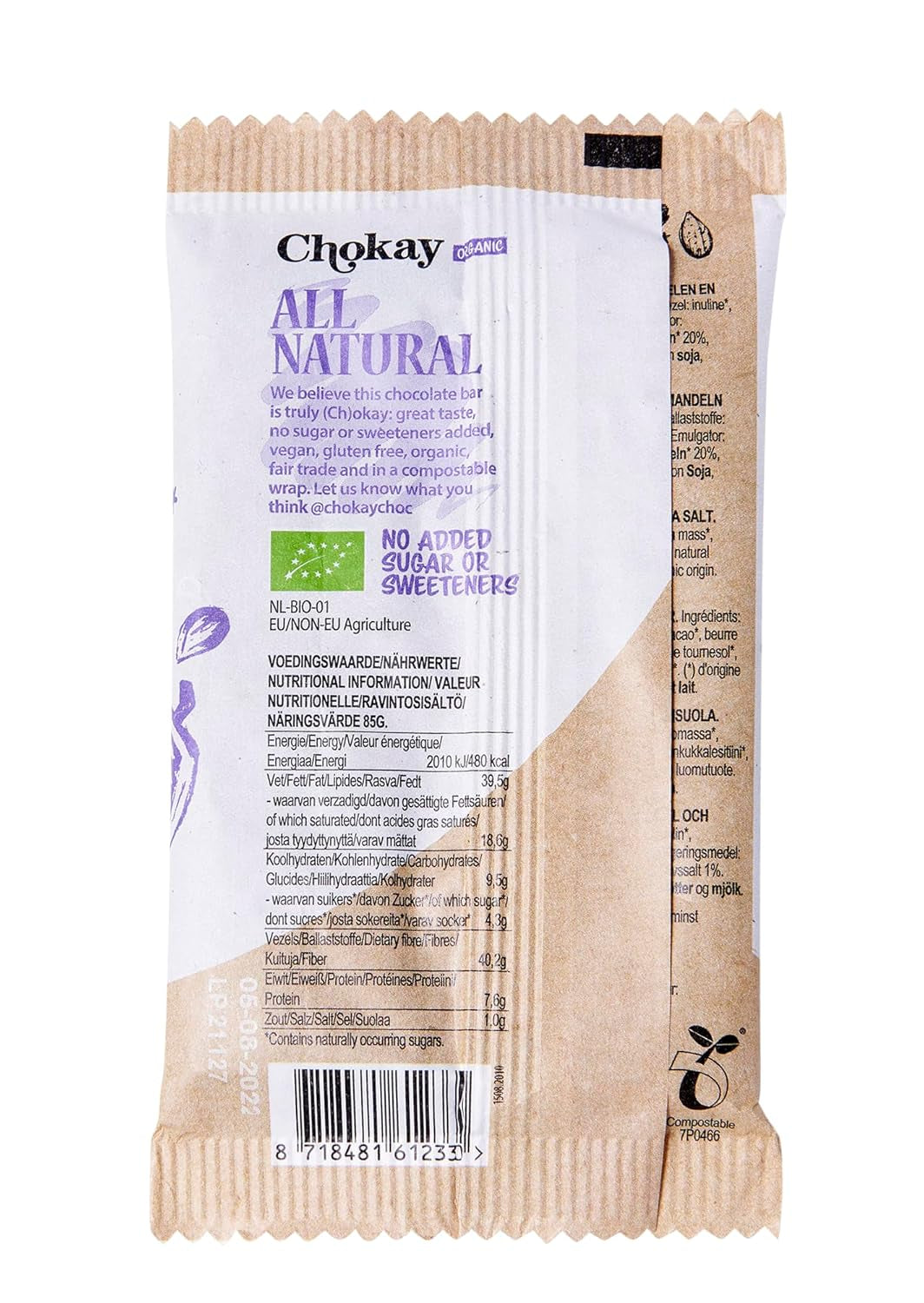 BIO Tyčinka - MANDLE/Belgická hořká čokoláda s mandlemi a mořskou solí/VEGAN, BEZLEPKU A FAIR TRADE / 1x70g