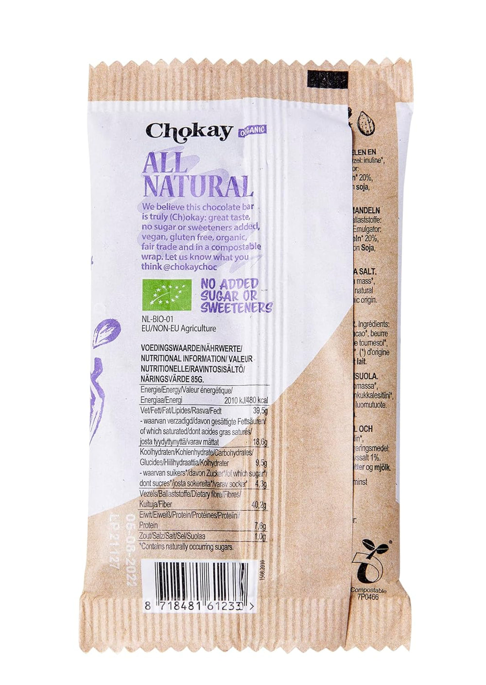 BIO Tyčinka - MANDLE/Belgická hořká čokoláda s mandlemi a mořskou solí/VEGAN, BEZLEPKU A FAIR TRADE / 1x70g