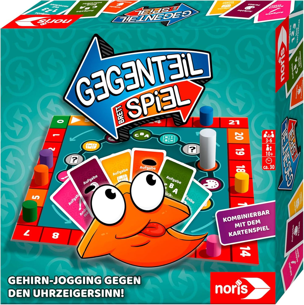 Noris 606062080 - Gegenteil Spiel (Brettspiel od 10 Jahre) - kombinierbar mit dem Kartenspiel - verrücktes Konzentrationspiel für Kinder und Erwachsene für 3-6 Spieler