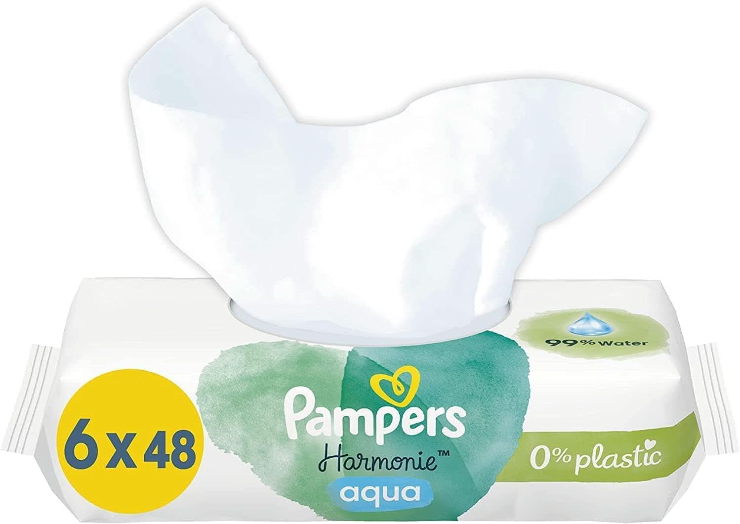 Vlhčené ubrousky Pampers Harmonie Aqua, vlhčené ubrousky, které pomáhají obnovit přirozenou hodnotu pH pokožky, lehké mléko s 99% vodou Baby Wet Wipes Naty Shop 288 ubrousků