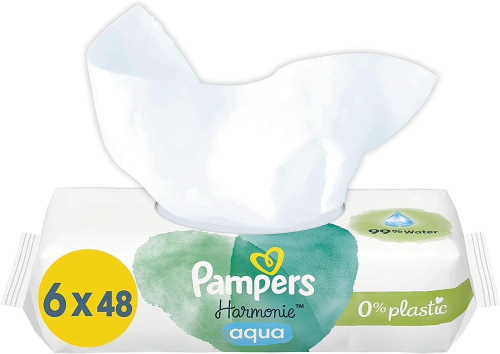 Vlhčené ubrousky Pampers Harmonie Aqua, vlhčené ubrousky, které pomáhají obnovit přirozenou hodnotu pH pokožky, lehké mléko s 99% vodou Baby Wet Wipes Naty Shop 288 ubrousků