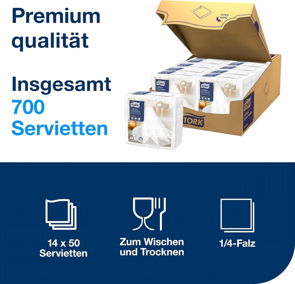 Șervețele de masă Tork Linstyle albe, 1/4 pliere, 19,5 × 19,5 cm, 14 נ50 șervețele, 509410