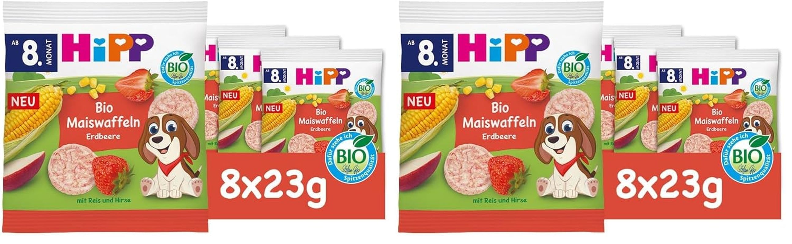 HiPP Bio kukuřičné vafle s jahodami (8 x 23 g), svačina pro miminka od 8 měsíců, slazené pouze ovocem a zeleninou, bez lepku, nejlepší bio kvalita (2 balení)