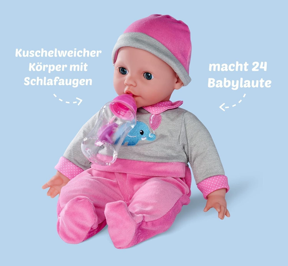 Simba 105140066 - Laura Interactiv, păpușă cu corp moale cu ochi adormiți, bolborosește când se mișcă, bea din biberon și doarme, 40cm, păpușă de la 2 ani Papusi Naty Shop