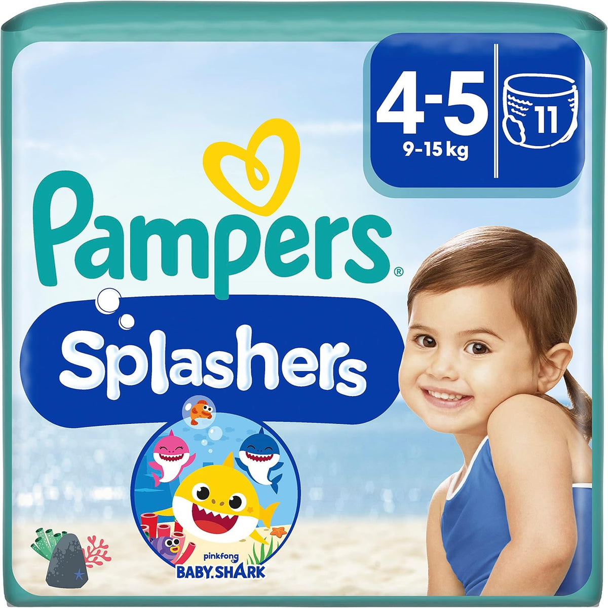 Jednorázové plenky Pampers Splashers Baby Shark Limited Edition 4-5, 11, 9kg-15kg, pro bezpečnou ochranu ve vodě
