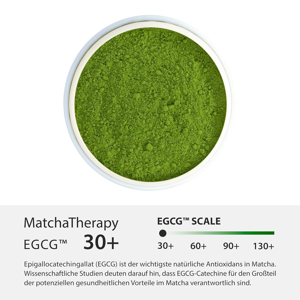 Matchatherapy 30+ | Ceai Matcha organic pudră | 60 g | Cu un conținut verificat de cel puțin 30 mg/g de catechină EGCG | Susține sistemul imunitar și nivelul de energie | Calitate ceremonială | Ceai verde din Japonia