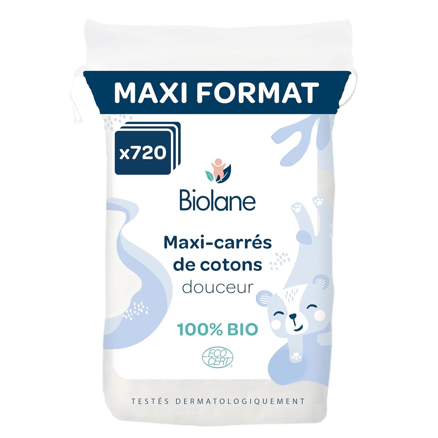 Vlhčené vložky BIOLANE 12 Maxi Squares - Miminka - 100% BIO - 720 Bavlna - pro citlivou pokožku - Přebalovací a toaletní potřeby - od narození - vyrobeno ve Francii