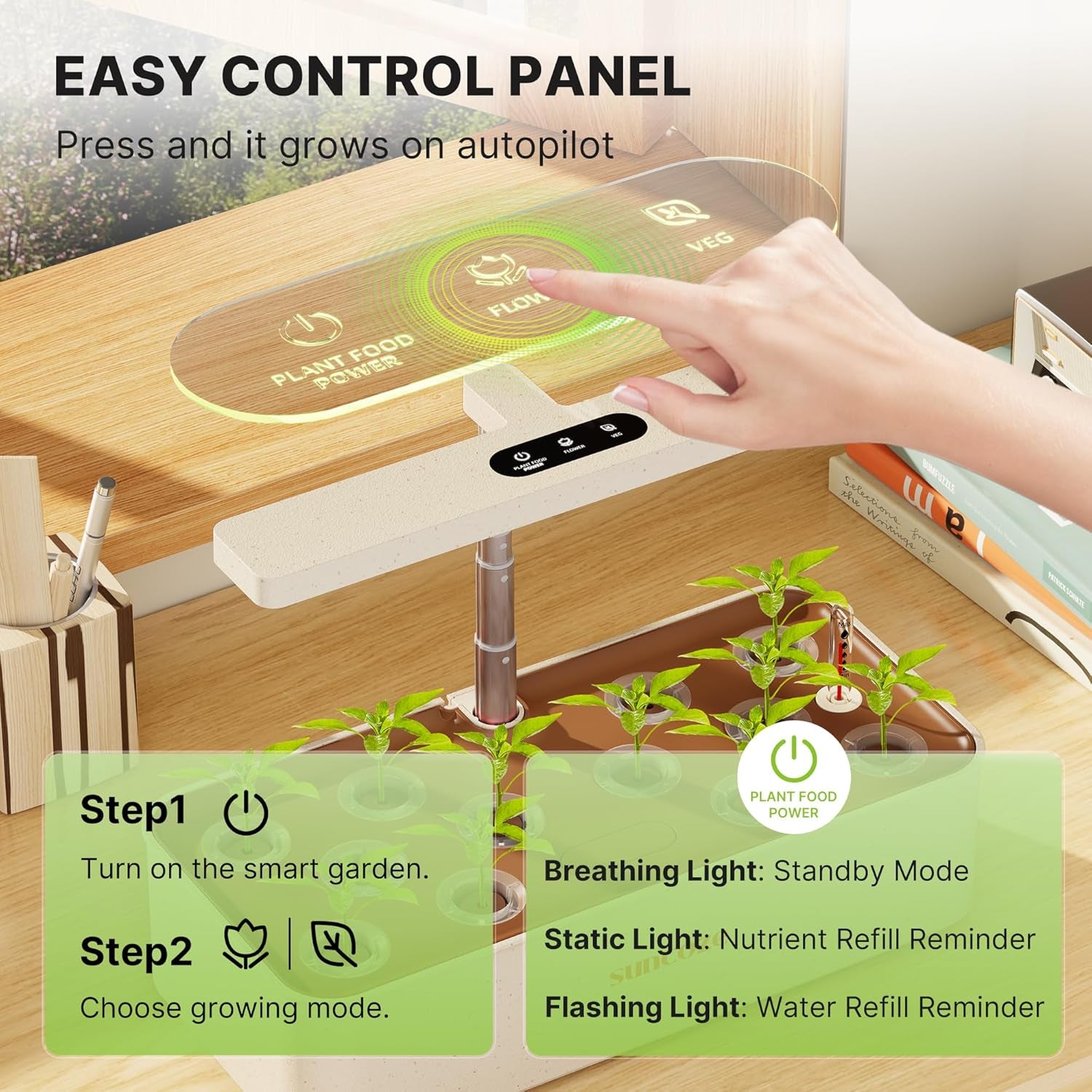 Sada 12 kapslí Hydroponic Grow System, 24W LED vnitřní zahradní lampa, 4L nádrž na vodu s tichým čerpadlem, výškově nastavitelný sázeč bylinek, sada pro vnitřní zahradničení, zahradnické dárky, béžová