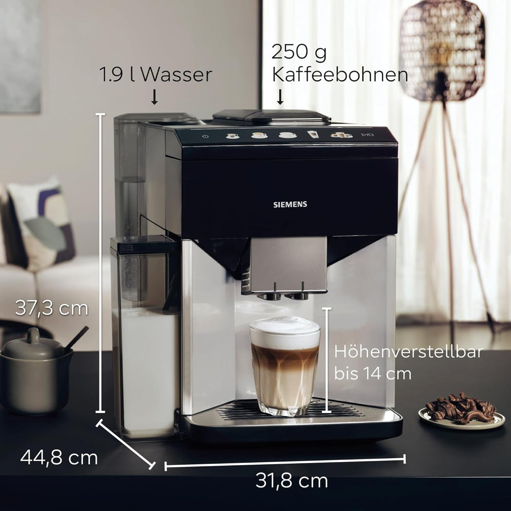 Espressor automat Siemens EQ500 integral TQ513D01, multe specialități de cafea, spumator de lapte, recipient de lapte integrat, curățare automată cu abur, 1500 W, lumină naturală argintie/negru piano