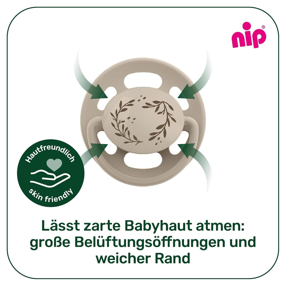 nip - Verde Cireș | 0-6 luni | Pachet de 4 | Suzetă pentru bebeluși, potrivită pentru alăptare și pentru dinți. Suzetă sustenabilă, fabricată din materii prime naturale, verde deschis/maro