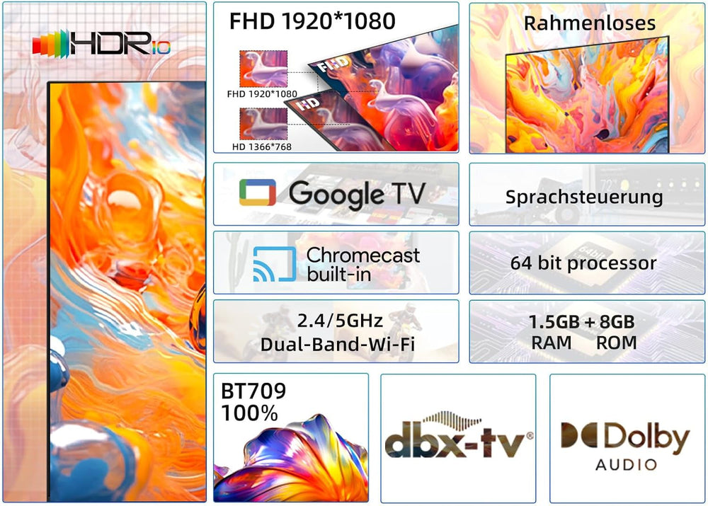 Televizor CHIQ L40G7V de 40 de inci, Google TV, FHD, design fără ramă, Asistent Google, Google Play, Chromecast încorporat, radio triplu (DVB-T2/S2/C), WLAN 5G, Bluetooth, HDMI ARC, USB 2.0, CI+