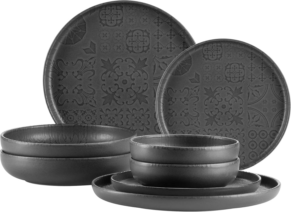 MÄSER 934064 Serie Tiles Modernes Vintage Geschirr Set Für 2 Personen in Maurischem Design Mit Mattglasur, 8-Teiliges Tafelservice Mit Tellern Und Schalen Aus Hochwertiger Keramik, Steinzeug, Schwarz Sady nádobí Naty Shop Výchozí název