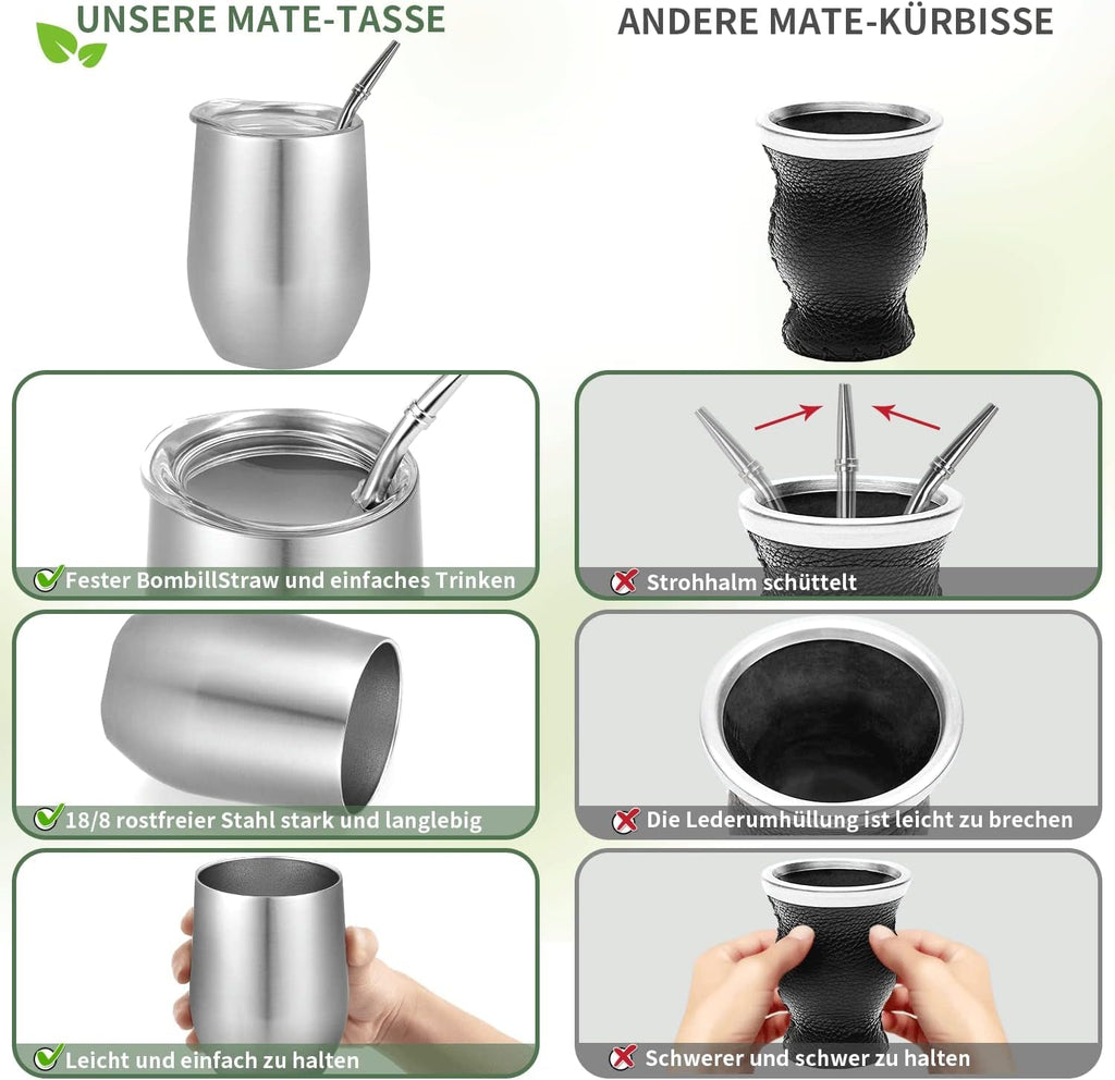 Cana modernă pentru mate 340 ml, set de căni pentru yerba mate din oțel inoxidabil cu pereți dubli izolați, cană pentru ceai mate cu capac fără BPA, bombillas și o perie de curățare (argintiu)