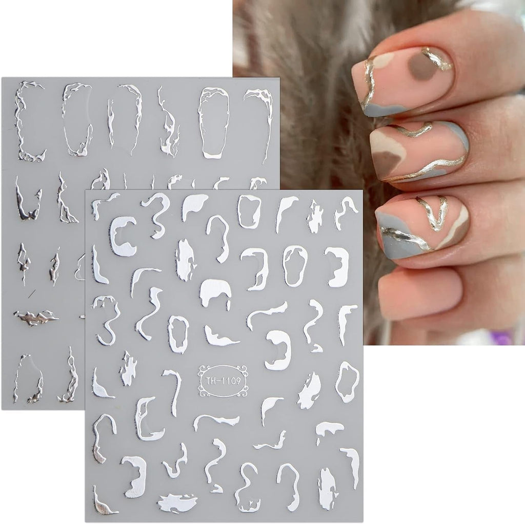 JMEOWIO Nagelsticker Marmor Linie 9 Blatt Nail Art Sticker Selbstklebend Nagelaufkleber Silber Bunt Dekoration Nageldesign Zubehör
