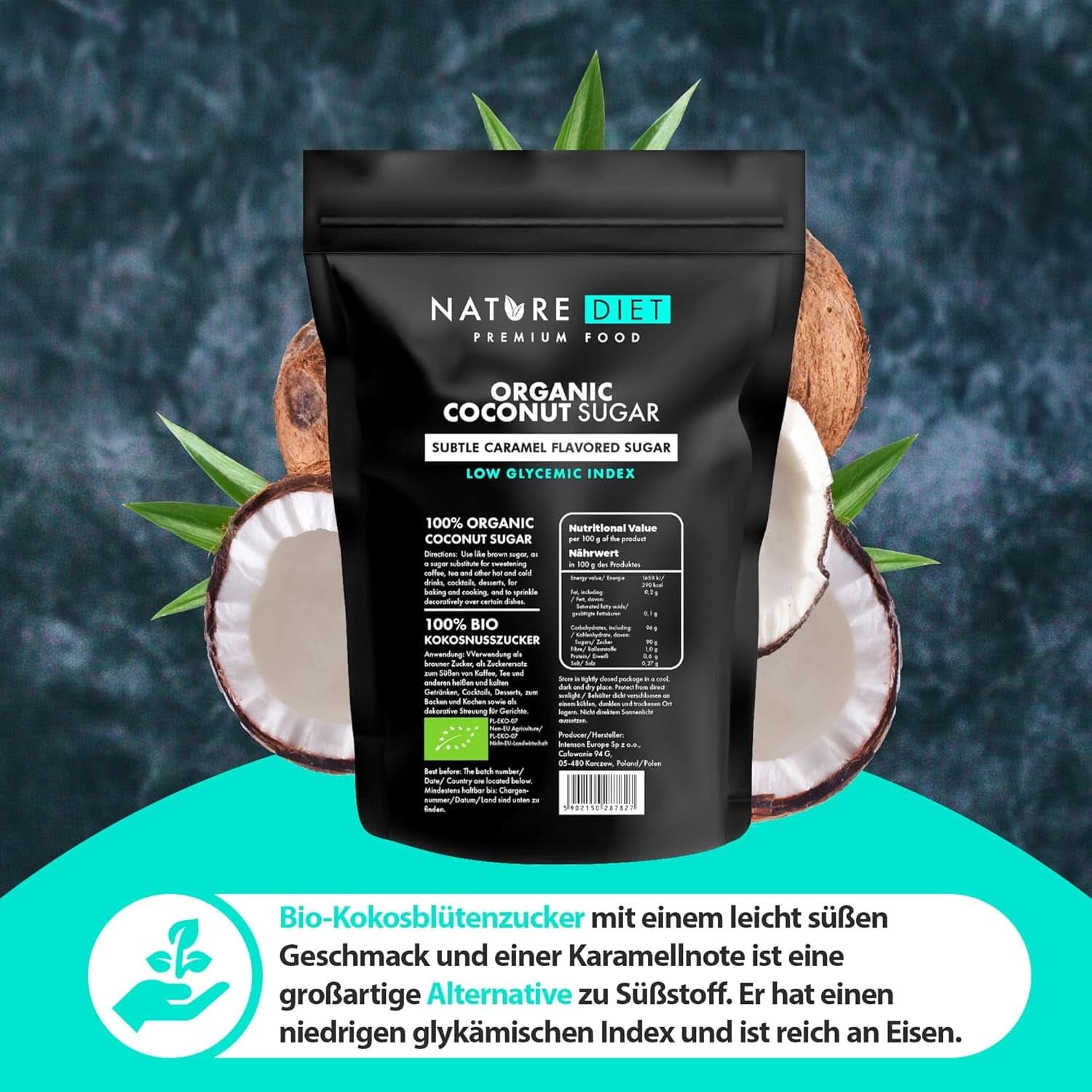 Bio kokosový cukr, karamelová příchuť, 1,5 Kg sladidla Naty Shop