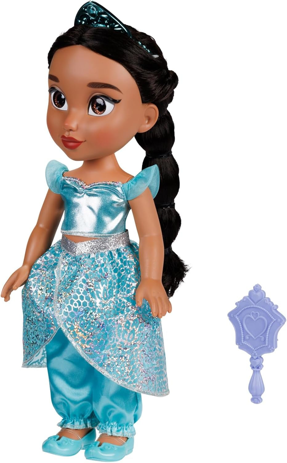 Disney Princezna Jasmin Puppe 35 cm, reflexní lesk, bewegliche Gelenke, ausziehbares Outfit, Schuhe, Krone, langes geflochtenes Haar, für Mädchen ab 3 Jahren