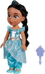 Disney Princezna Jasmin Puppe 35 cm, reflexní lesk, bewegliche Gelenke, ausziehbares Outfit, Schuhe, Krone, langes geflochtenes Haar, für Mädchen ab 3 Jahren