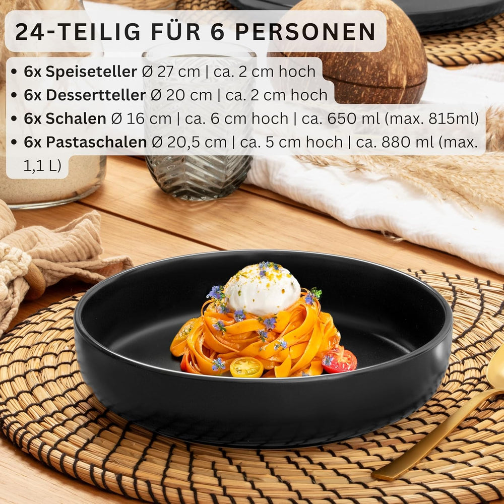 SÄNGER Madeira | Set de veselă combinat cu 24 de piese, set de veselă din gresie pentru 6 persoane, 6 farfurii de cină, 6 farfurii de mic dejun, 6 farfurii de sumă, 6 boluri pentru paste, set de veselă și bol, negru mat | COLECȚIA VALUE