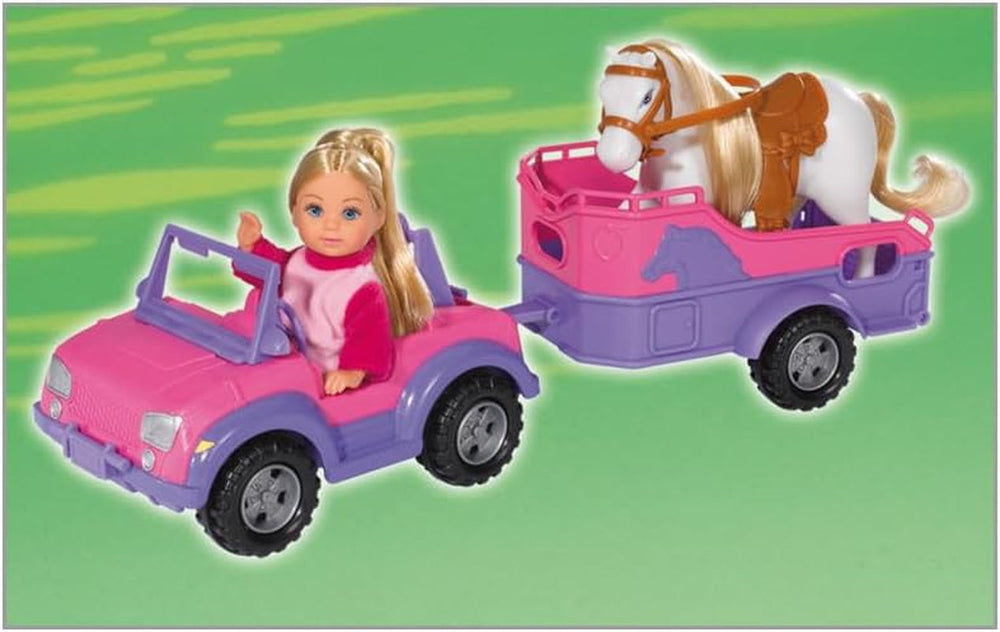 Simba 105737460 - Evi Love Evi Horse Trailer, cu jeep roz, pandantiv violet pentru cal și ponei, păpușă de îmbrăcat, 12 cm, pentru copii de la 3 ani în sus Papusi Naty Shop